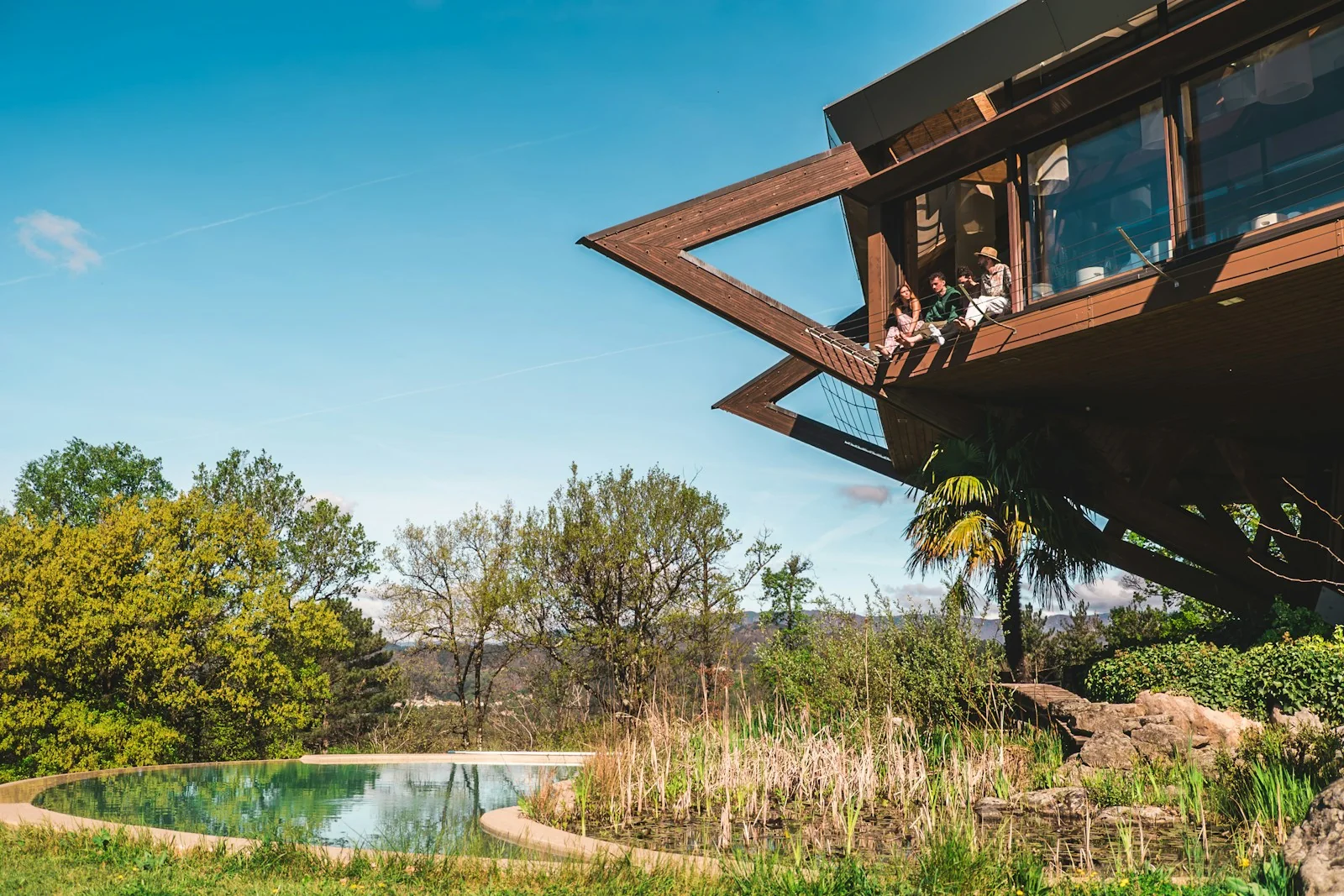 Angular timber home beside a natural swimming pool